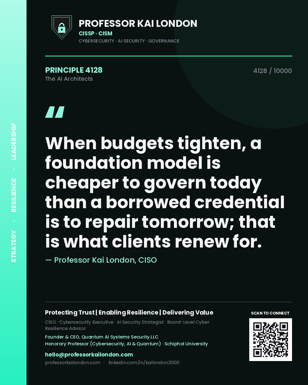 Quote card by Professor Kai London reading 'When budgets tighten, a foundation model is cheaper to govern today than a borrowed credential is to repair tomorrow; that is what clients renew for.'. From the book The AI Architects.