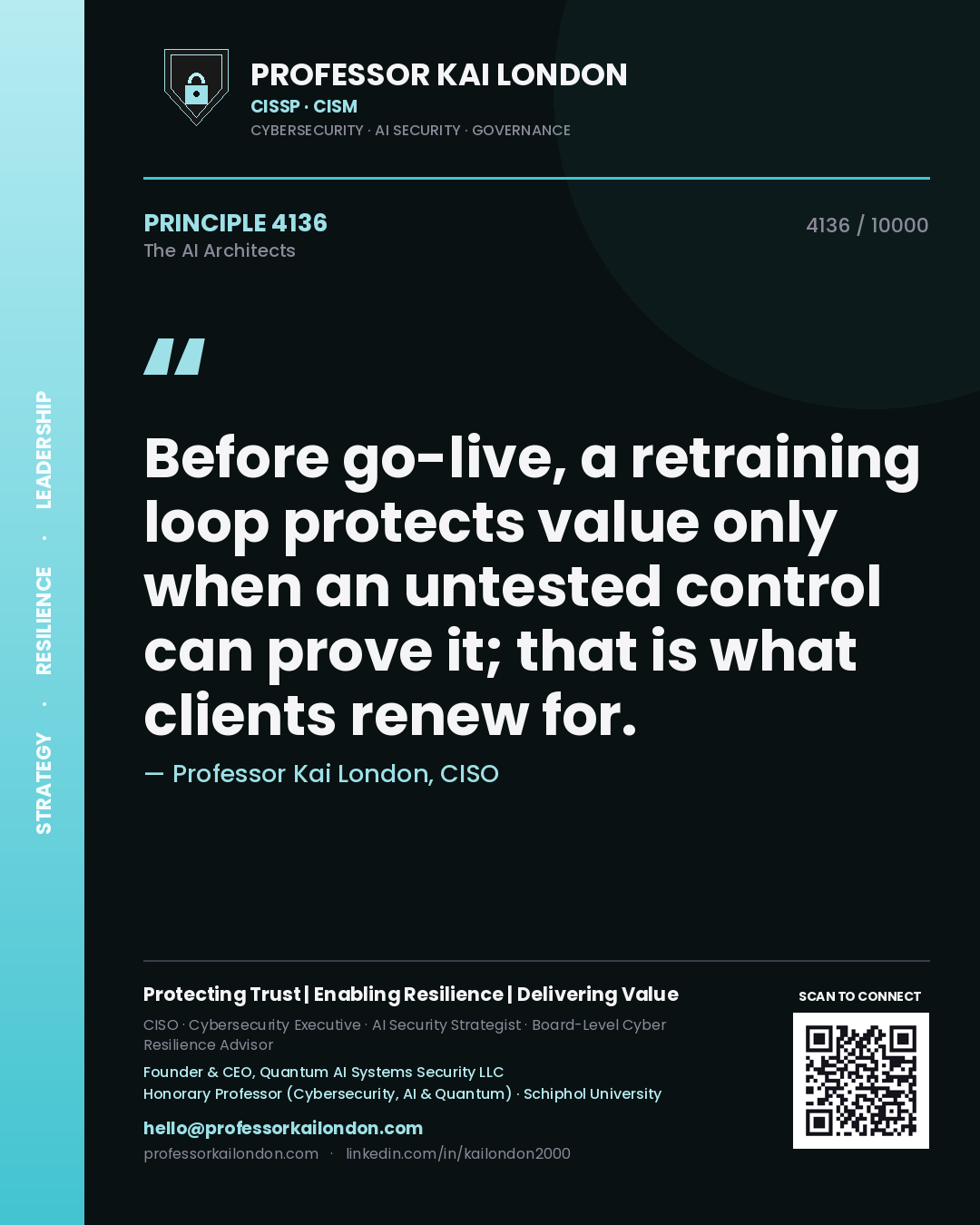 Quote card by Professor Kai London reading 'Before go-live, a retraining loop protects value only when an untested control can prove it; that is what clients renew for.'. From the book The AI Architects.