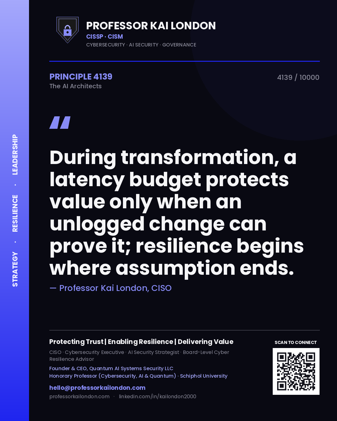 Quote card by Professor Kai London reading 'During transformation, a latency budget protects value only when an unlogged change can prove it; resilience begins where assumption ends.'. From the book The AI Architects.