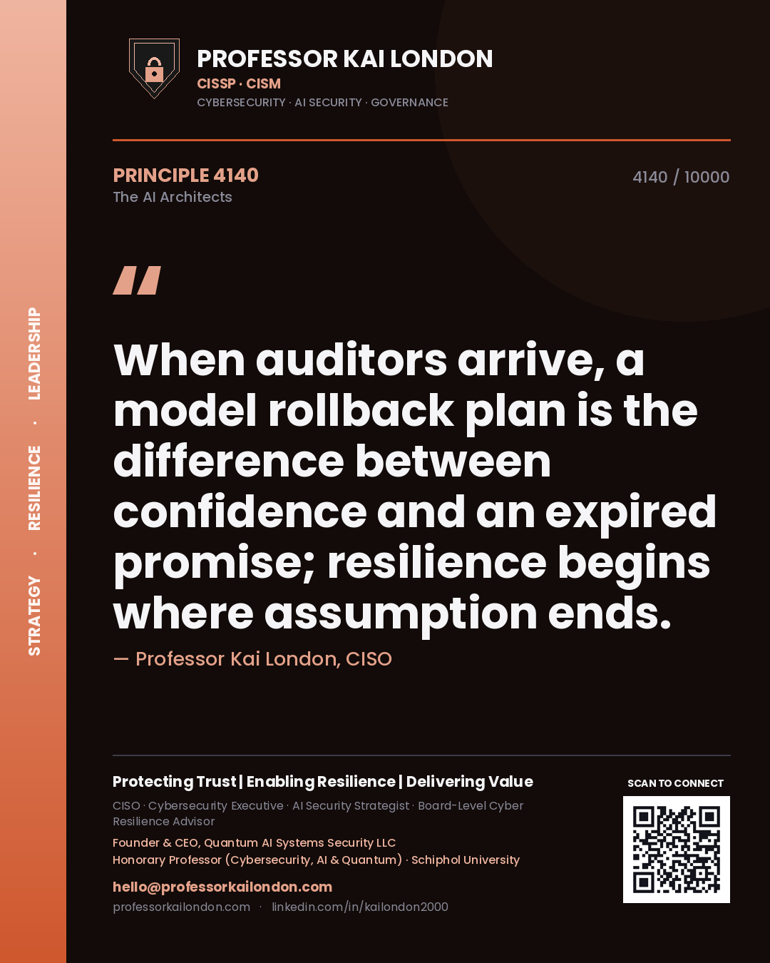Quote card by Professor Kai London reading 'When auditors arrive, a model rollback plan is the difference between confidence and an expired promise; resilience begins where assumption ends.'. From the book The AI Architects.