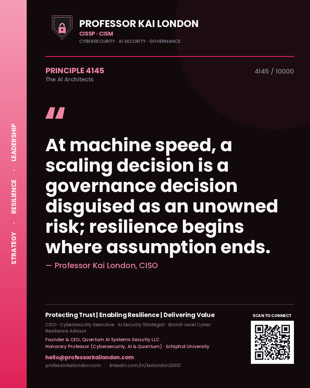 Quote card by Professor Kai London reading 'At machine speed, a scaling decision is a governance decision disguised as an unowned risk; resilience begins where assumption ends.'. From the book The AI Architects.