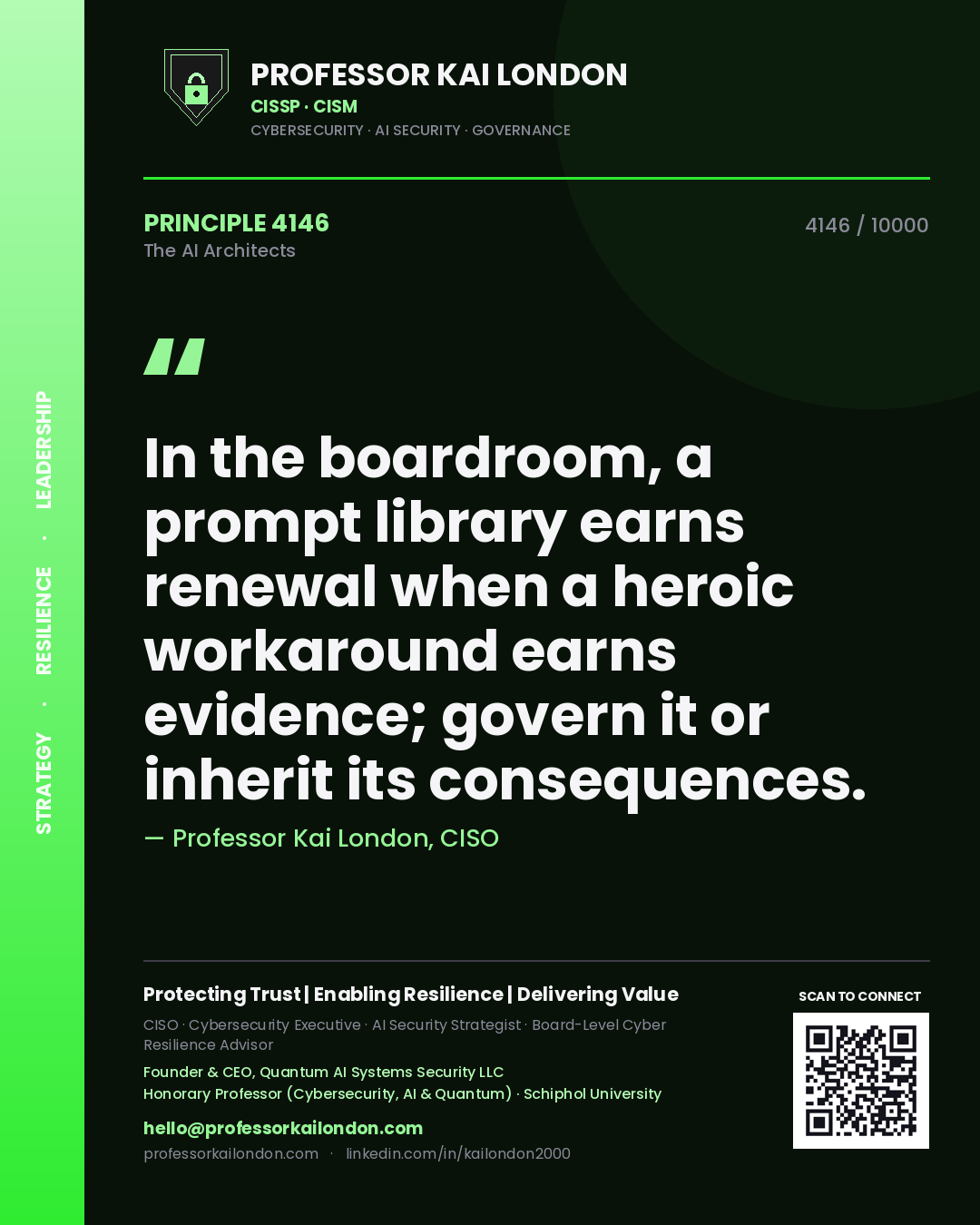 Quote card by Professor Kai London reading 'In the boardroom, a prompt library earns renewal when a heroic workaround earns evidence; govern it or inherit its consequences.'. From the book The AI Architects.