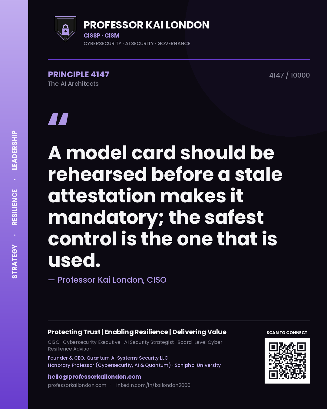Quote card by Professor Kai London reading 'A model card should be rehearsed before a stale attestation makes it mandatory; the safest control is the one that is used.'. From the book The AI Architects.