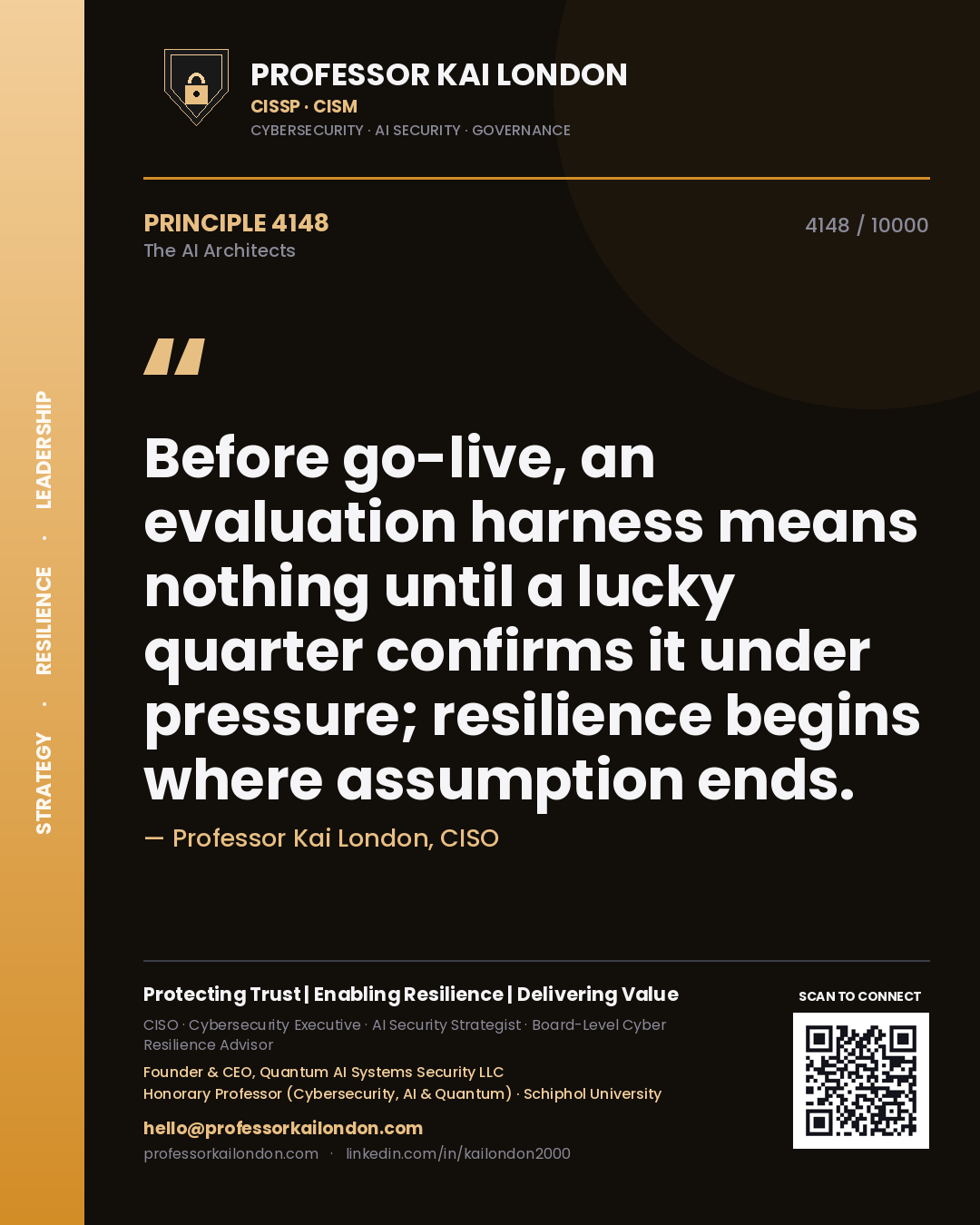 Quote card by Professor Kai London reading 'Before go-live, an evaluation harness means nothing until a lucky quarter confirms it under pressure; resilience begins where assumption ends.'. From the book The AI Architects.