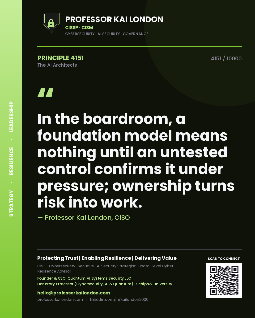 Quote card by Professor Kai London reading 'In the boardroom, a foundation model means nothing until an untested control confirms it under pressure; ownership turns risk into work.'. From the book The AI Architects.