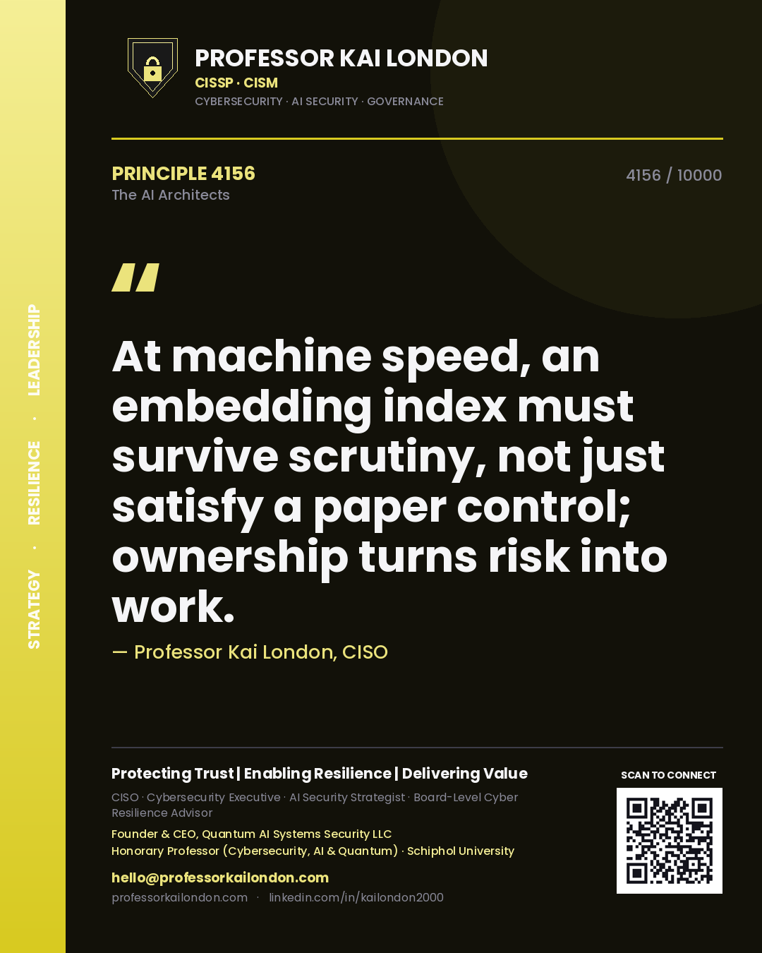 Quote card by Professor Kai London reading 'At machine speed, an embedding index must survive scrutiny, not just satisfy a paper control; ownership turns risk into work.'. From the book The AI Architects.