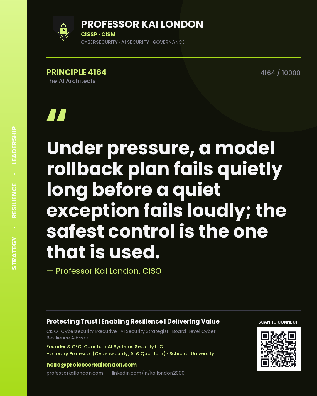 Quote card by Professor Kai London reading 'Under pressure, a model rollback plan fails quietly long before a quiet exception fails loudly; the safest control is the one that is used.'. From the book The AI Architects.
