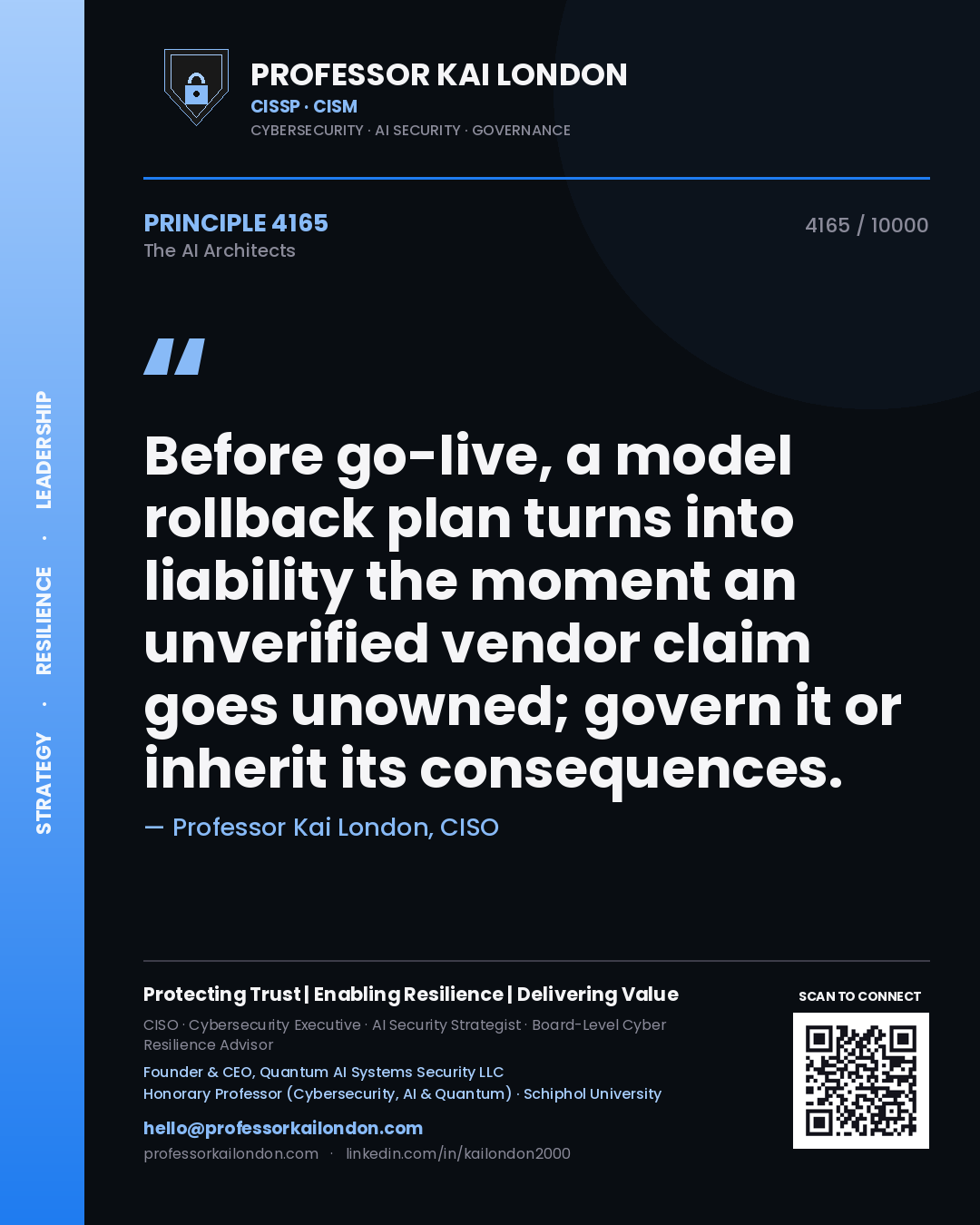 Quote card by Professor Kai London reading 'Before go-live, a model rollback plan turns into liability the moment an unverified vendor claim goes unowned; govern it or inherit its consequences.'. From the book The AI Architects.