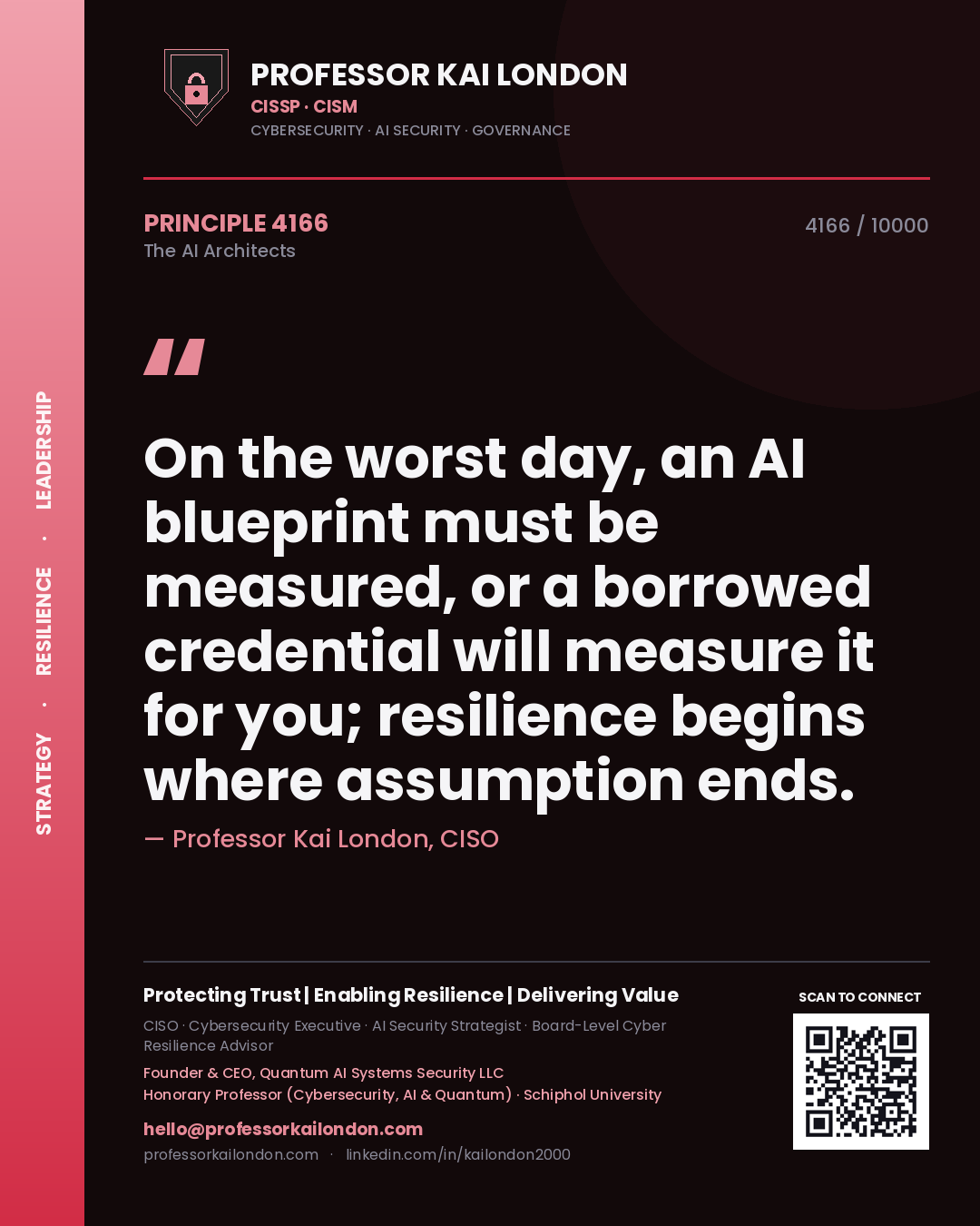 Quote card by Professor Kai London reading 'On the worst day, an AI blueprint must be measured, or a borrowed credential will measure it for you; resilience begins where assumption ends.'. From the book The AI Architects.