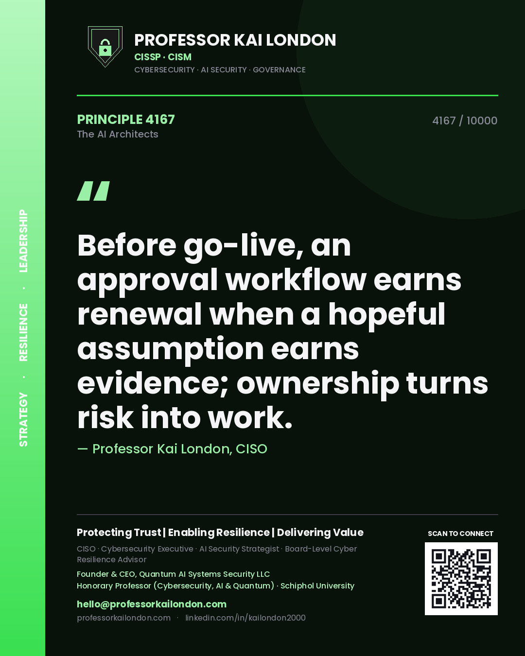 Quote card by Professor Kai London reading 'Before go-live, an approval workflow earns renewal when a hopeful assumption earns evidence; ownership turns risk into work.'. From the book The AI Architects.