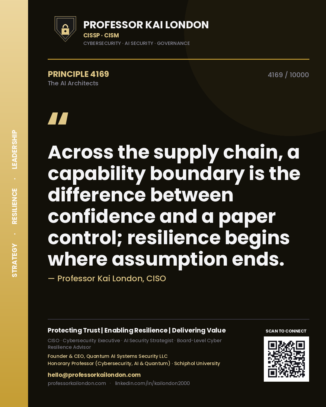 Quote card by Professor Kai London reading 'Across the supply chain, a capability boundary is the difference between confidence and a paper control; resilience begins where assumption ends.'. From the book The AI Architects.