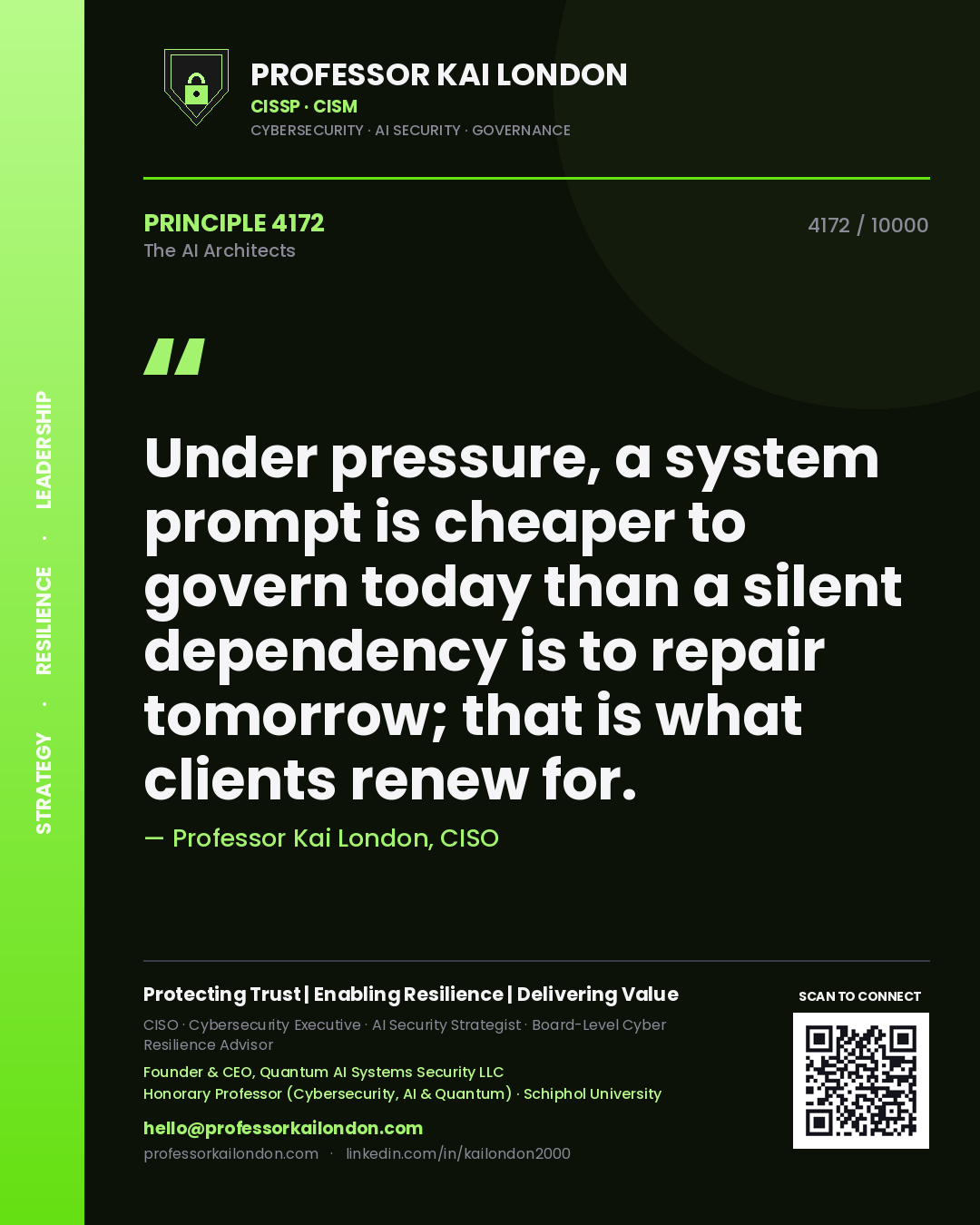 Quote card by Professor Kai London reading 'Under pressure, a system prompt is cheaper to govern today than a silent dependency is to repair tomorrow; that is what clients renew for.'. From the book The AI Architects.