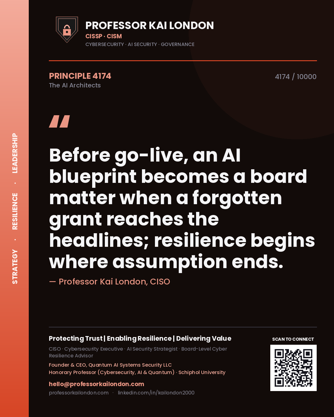 Quote card by Professor Kai London reading 'Before go-live, an AI blueprint becomes a board matter when a forgotten grant reaches the headlines; resilience begins where assumption ends.'. From the book The AI Architects.