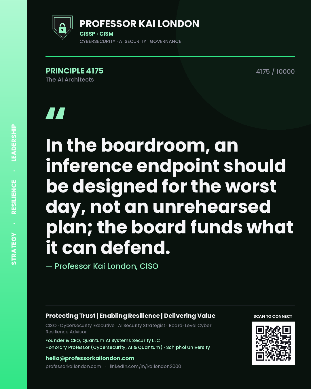 Quote card by Professor Kai London reading 'In the boardroom, an inference endpoint should be designed for the worst day, not an unrehearsed plan; the board funds what it can defend.'. From the book The AI Architects.