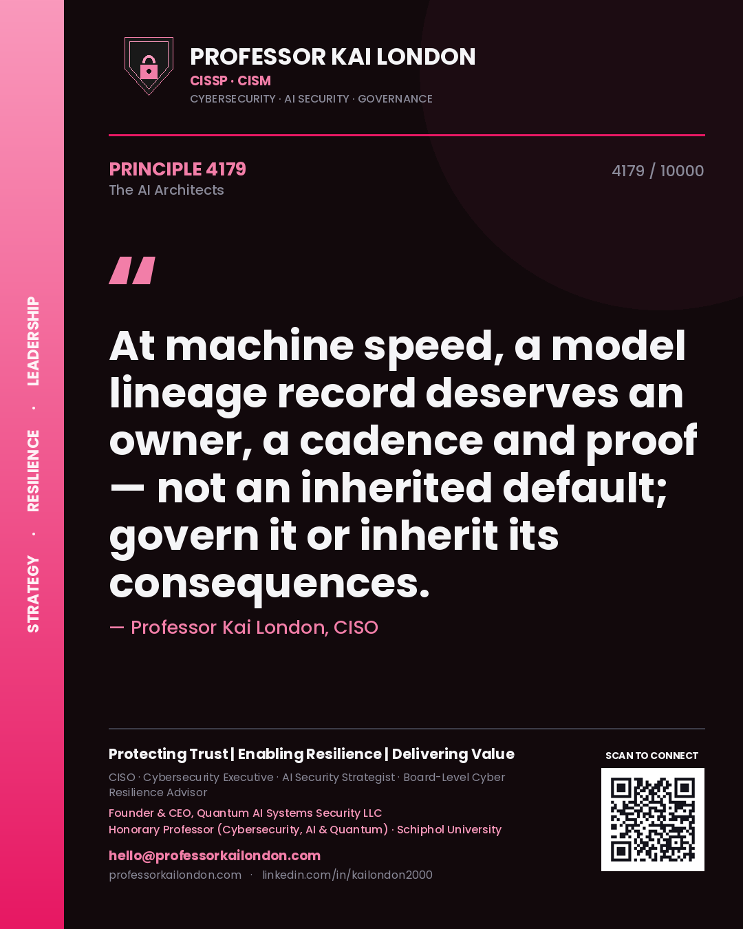 Quote card by Professor Kai London reading 'At machine speed, a model lineage record deserves an owner, a cadence and proof — not an inherited default; govern it or inherit its consequences.'. From the book The AI Architects.