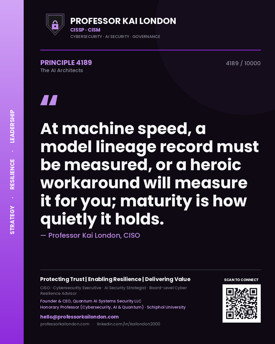 Quote card by Professor Kai London reading 'At machine speed, a model lineage record must be measured, or a heroic workaround will measure it for you; maturity is how quietly it holds.'. From the book The AI Architects.