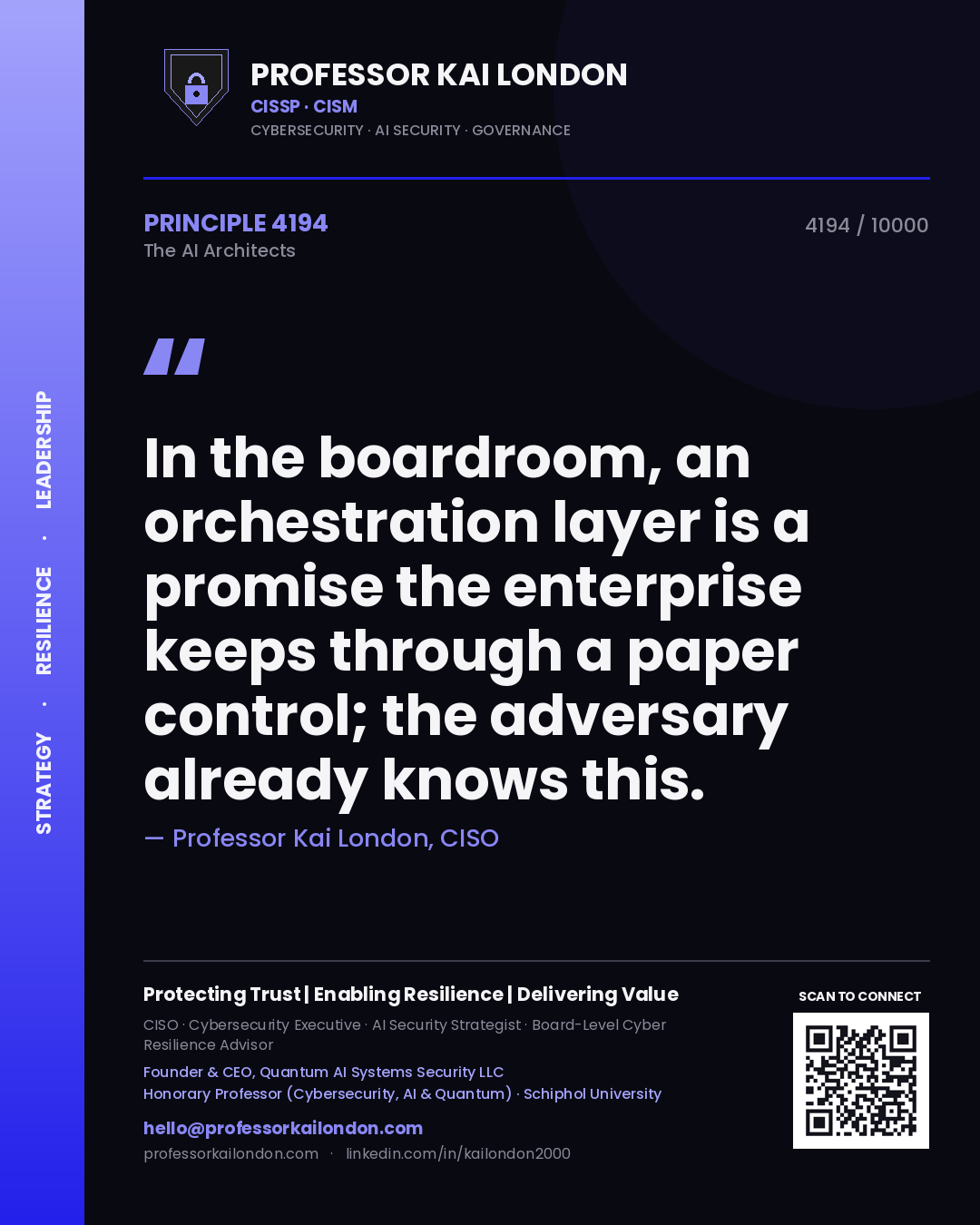 Quote card by Professor Kai London reading 'In the boardroom, an orchestration layer is a promise the enterprise keeps through a paper control; the adversary already knows this.'. From the book The AI Architects.