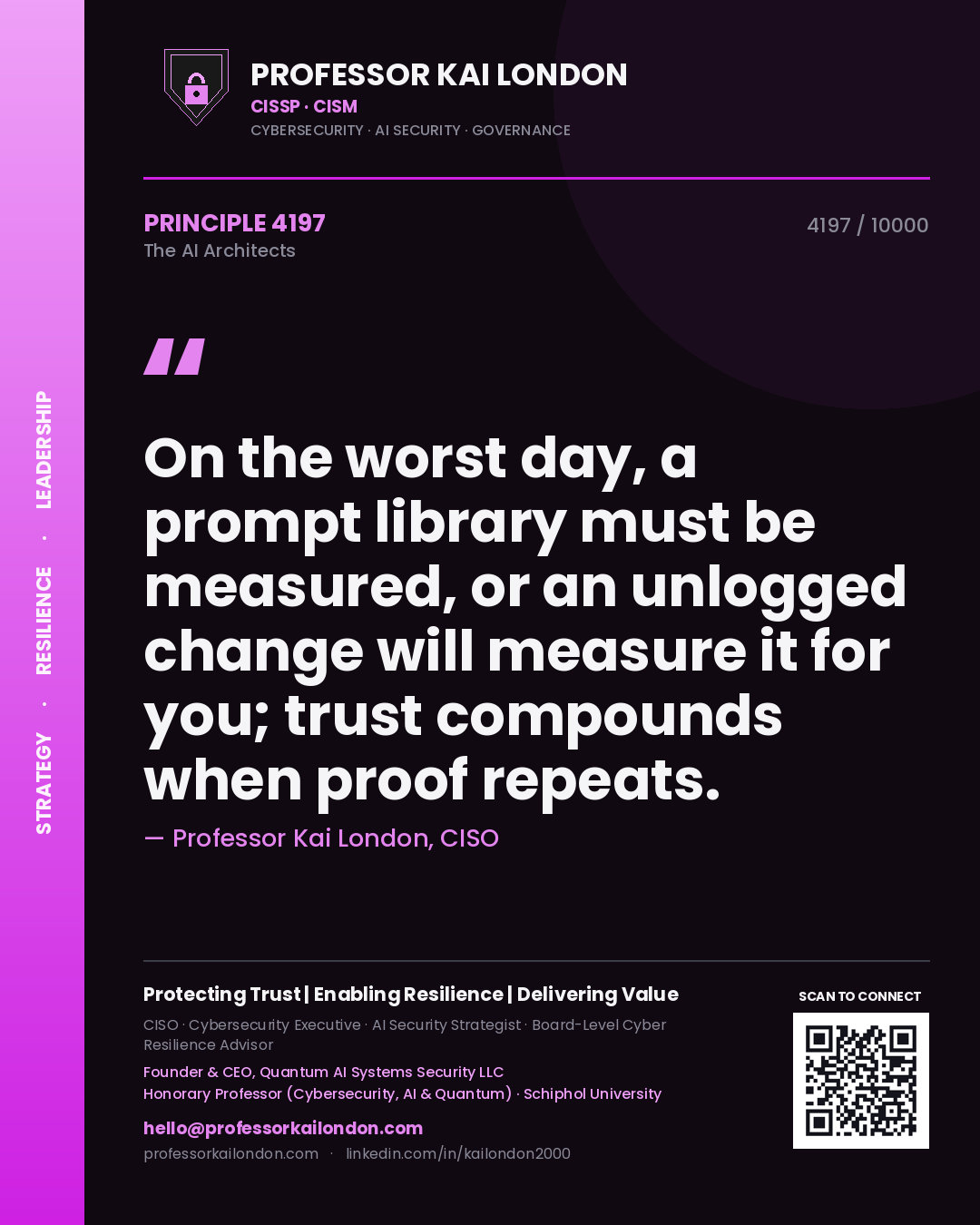 Quote card by Professor Kai London reading 'On the worst day, a prompt library must be measured, or an unlogged change will measure it for you; trust compounds when proof repeats.'. From the book The AI Architects.