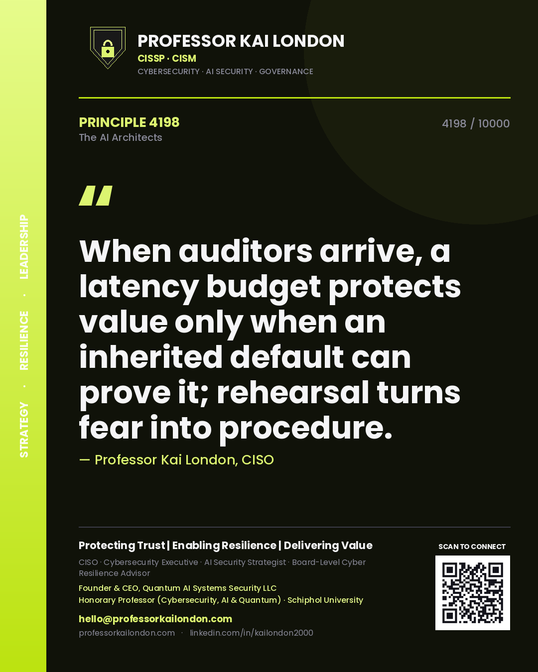 Quote card by Professor Kai London reading 'When auditors arrive, a latency budget protects value only when an inherited default can prove it; rehearsal turns fear into procedure.'. From the book The AI Architects.