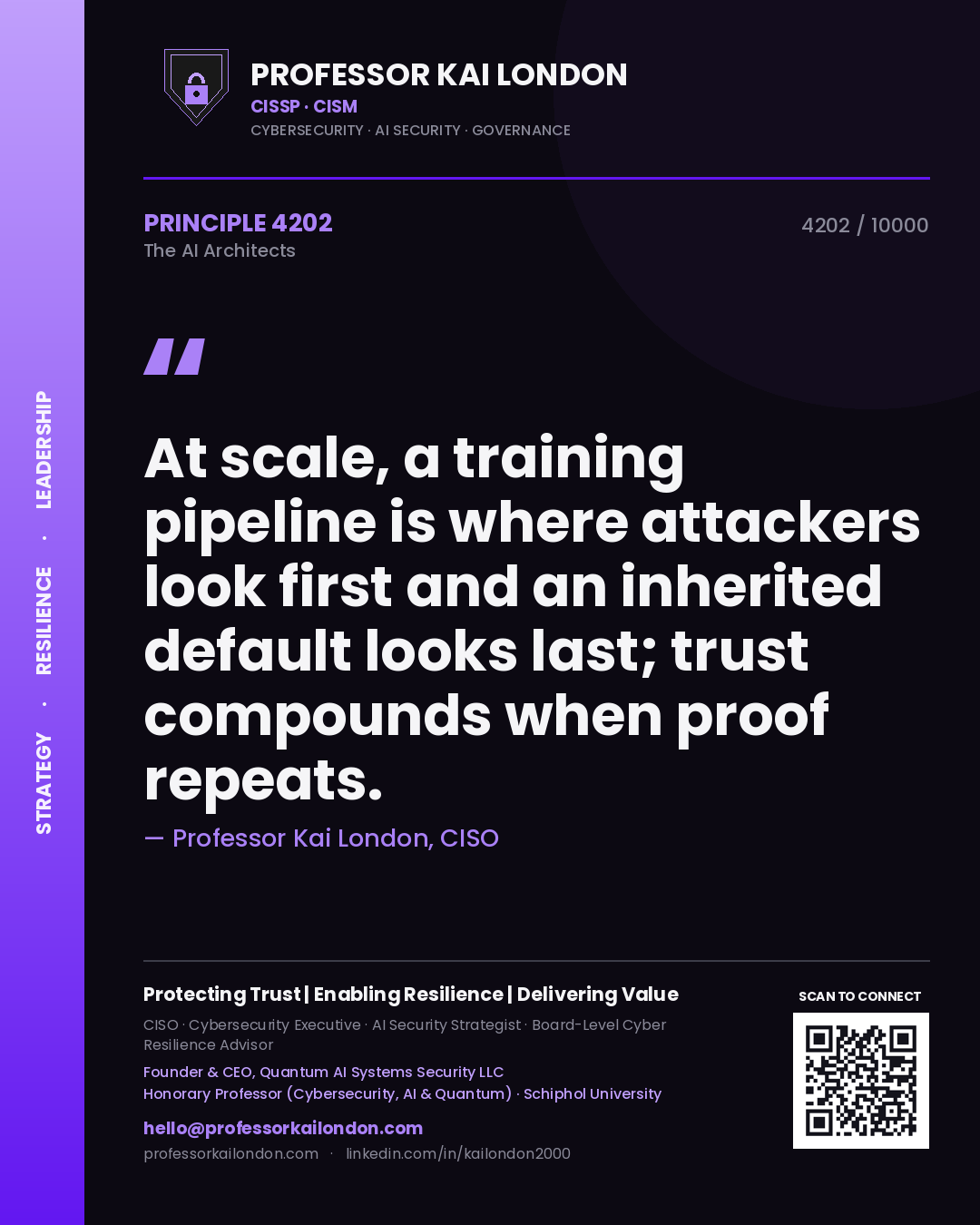 Professor Kai London principle 4202: At scale, a training pipeline is where attackers look first and an inherited default looks last; trust compounds when proof repeats.