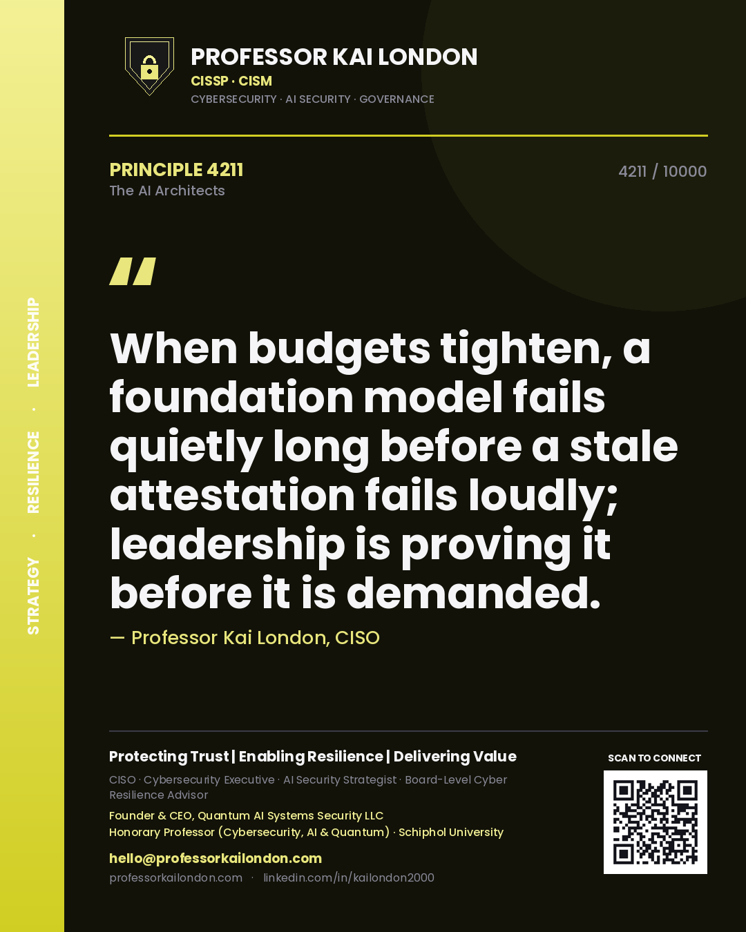 Quote card by Professor Kai London reading 'When budgets tighten, a foundation model fails quietly long before a stale attestation fails loudly; leadership is proving it before it is demanded.'. From the book The AI Architects.