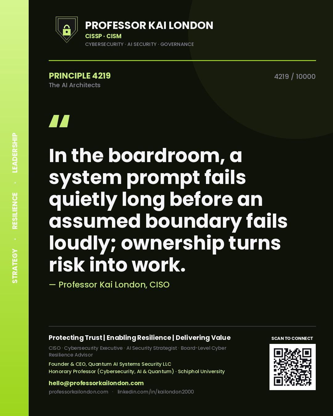 Quote card by Professor Kai London reading 'In the boardroom, a system prompt fails quietly long before an assumed boundary fails loudly; ownership turns risk into work.'. From the book The AI Architects.
