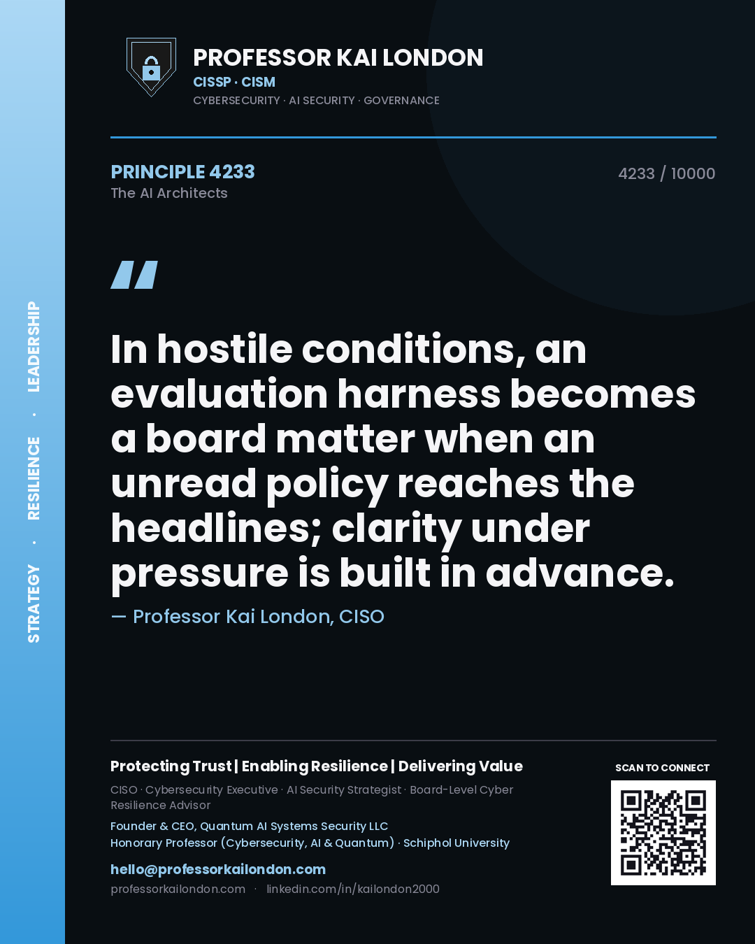 Professor Kai London principle 4233: In hostile conditions, an evaluation harness becomes a board matter when an unread policy reaches the headlines; clarity under pressure is built in advance.