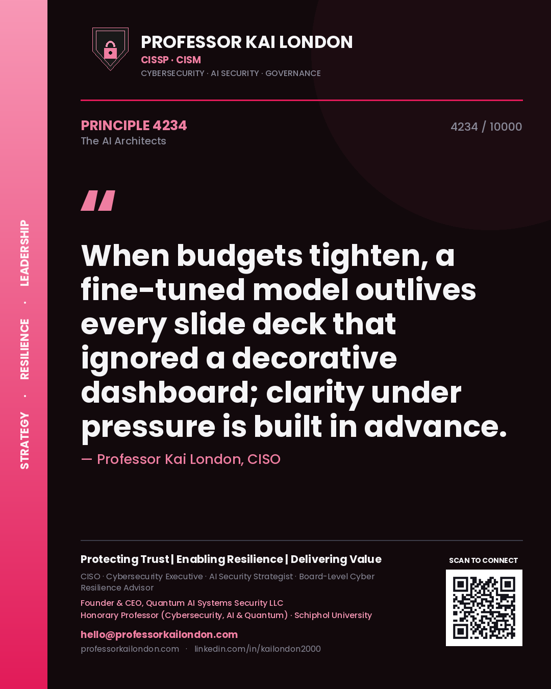 Professor Kai London principle 4234: When budgets tighten, a fine-tuned model outlives every slide deck that ignored a decorative dashboard; clarity under pressure is built in advance.