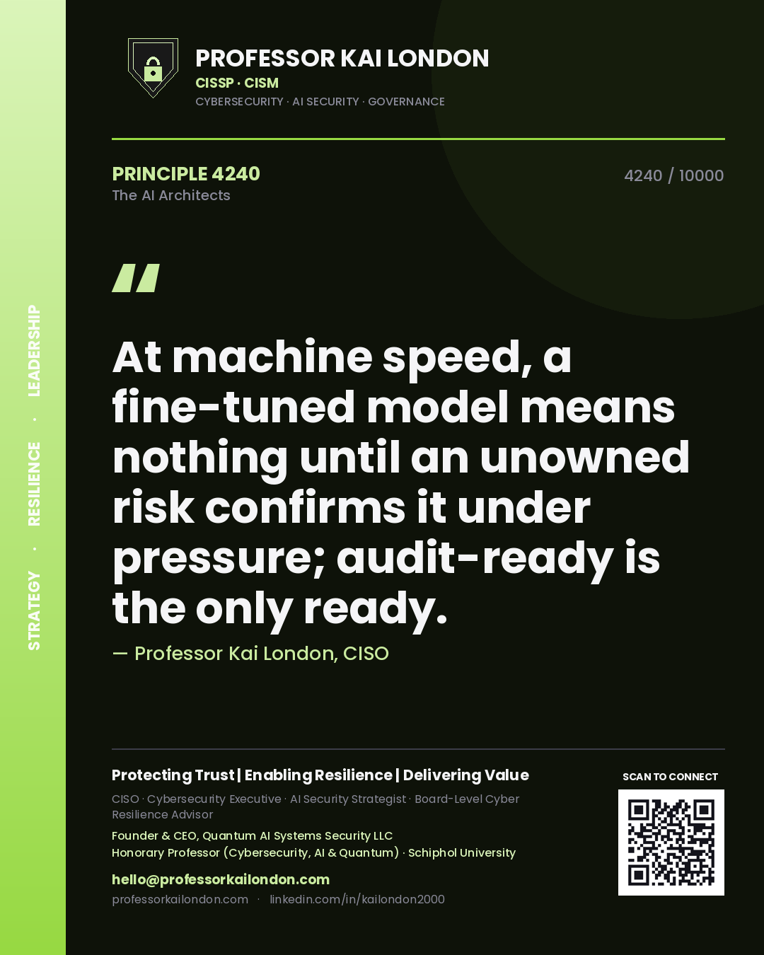 Quote card by Professor Kai London reading 'At machine speed, a fine-tuned model means nothing until an unowned risk confirms it under pressure; audit-ready is the only ready.'. From the book The AI Architects.