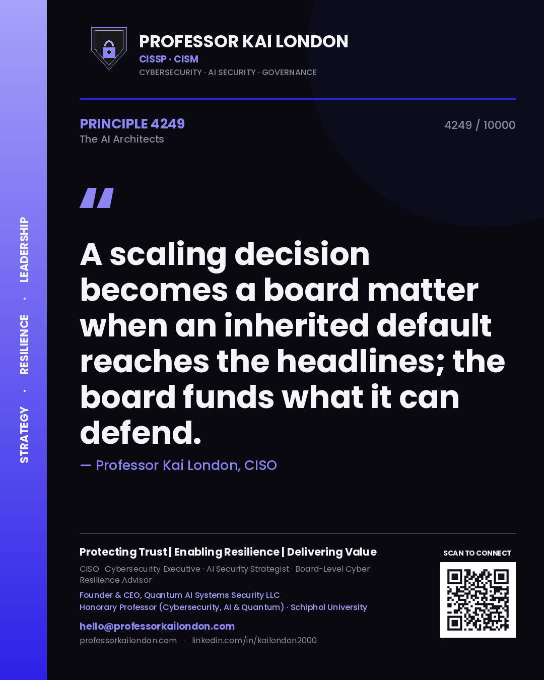 Quote card by Professor Kai London reading 'A scaling decision becomes a board matter when an inherited default reaches the headlines; the board funds what it can defend.'. From the book The AI Architects.
