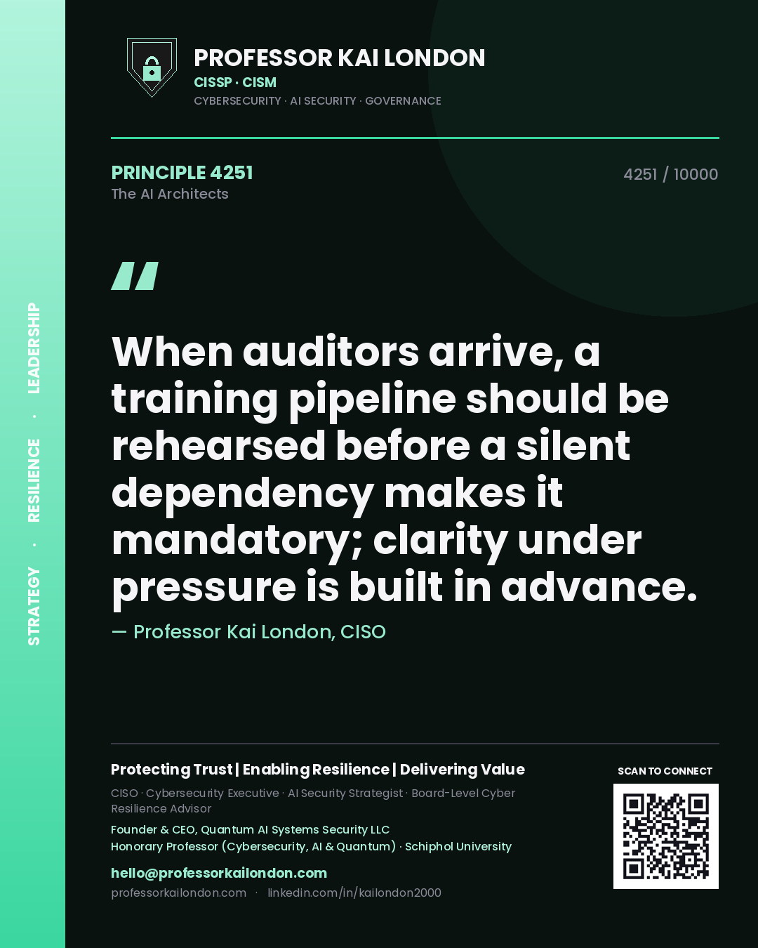 Quote card by Professor Kai London reading 'When auditors arrive, a training pipeline should be rehearsed before a silent dependency makes it mandatory; clarity under pressure is built in advance.'. From the book The AI Architects.