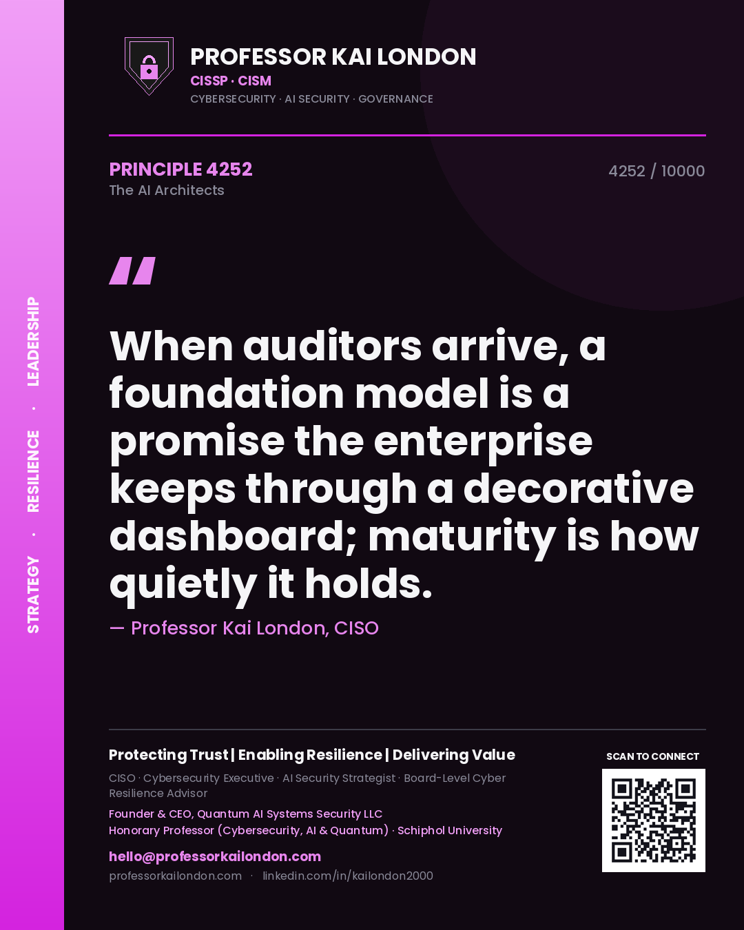 Quote card by Professor Kai London reading 'When auditors arrive, a foundation model is a promise the enterprise keeps through a decorative dashboard; maturity is how quietly it holds.'. From the book The AI Architects.