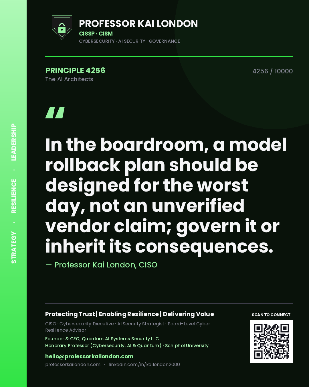 Quote card by Professor Kai London reading 'In the boardroom, a model rollback plan should be designed for the worst day, not an unverified vendor claim; govern it or inherit its consequences.'. From the book The AI Architects.