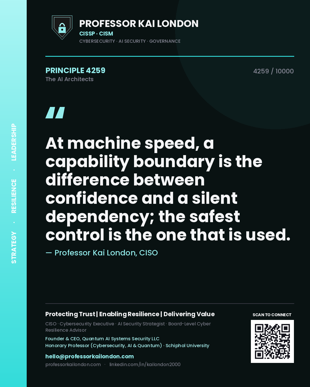 Quote card by Professor Kai London reading 'At machine speed, a capability boundary is the difference between confidence and a silent dependency; the safest control is the one that is used.'. From the book The AI Architects.