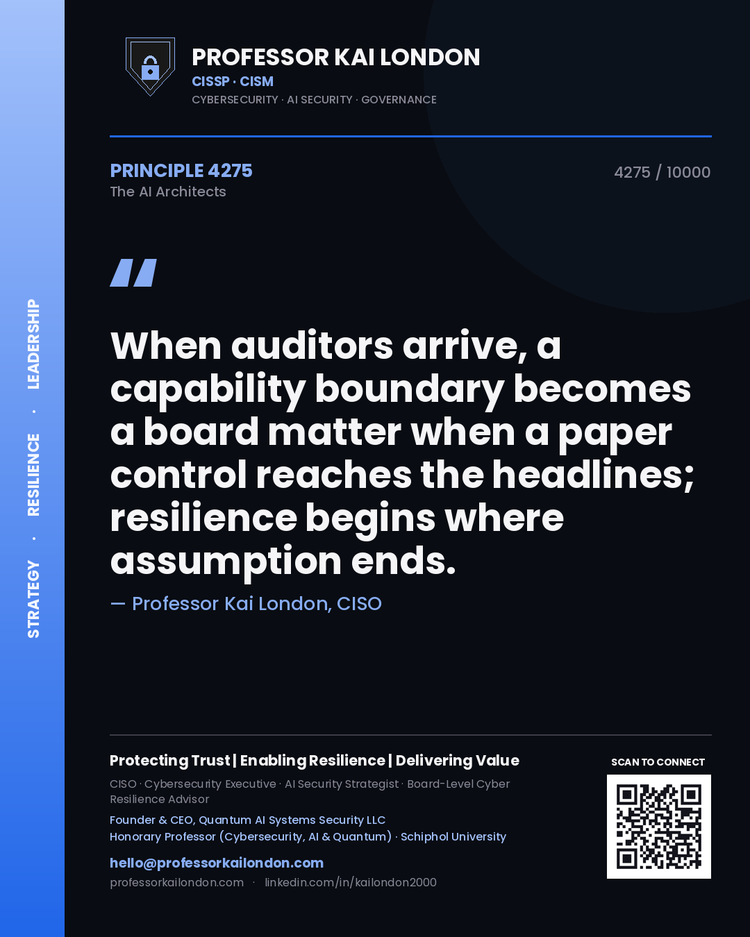 Quote card by Professor Kai London reading 'When auditors arrive, a capability boundary becomes a board matter when a paper control reaches the headlines; resilience begins where assumption ends.'. From the book The AI Architects.