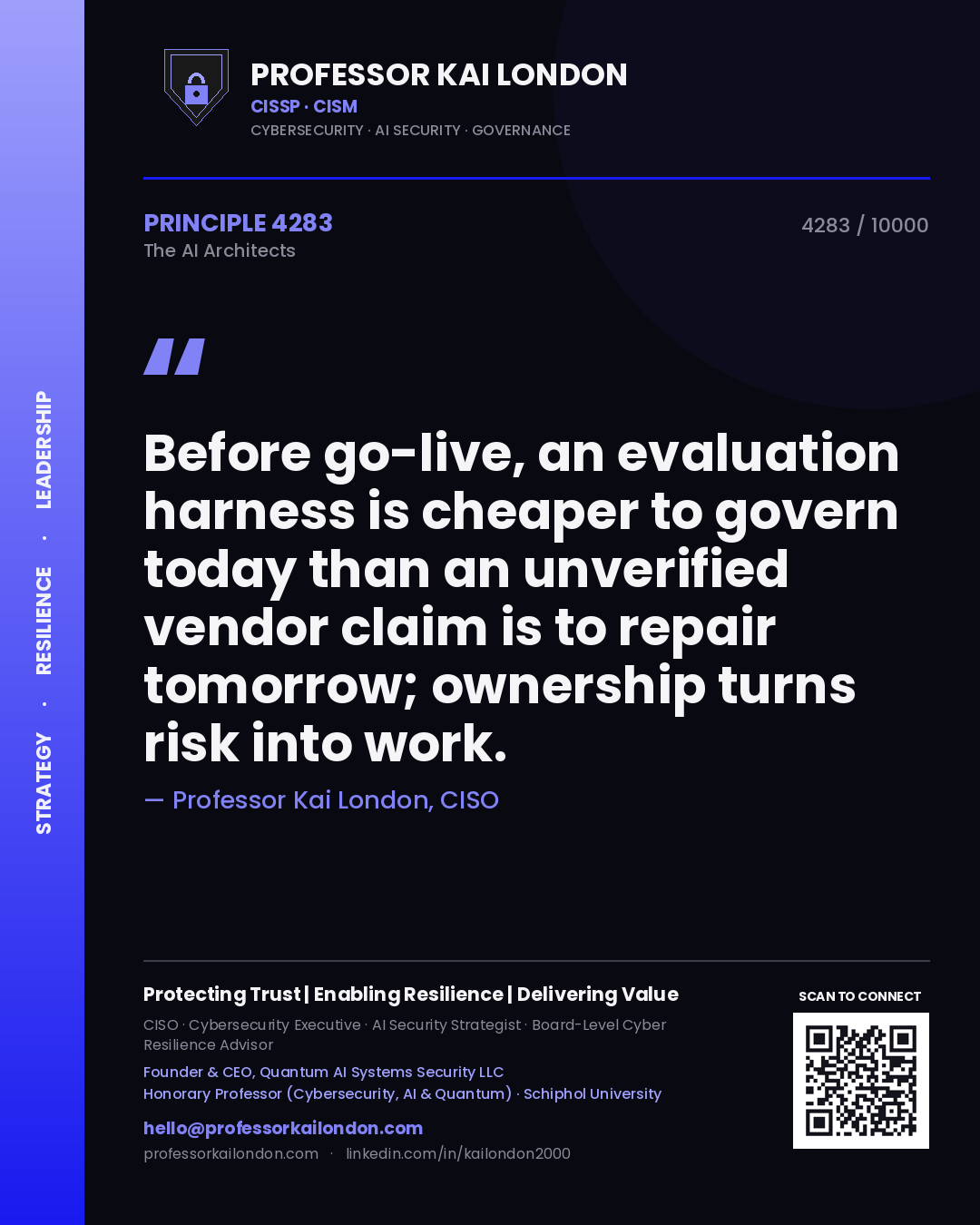 Quote card by Professor Kai London reading 'Before go-live, an evaluation harness is cheaper to govern today than an unverified vendor claim is to repair tomorrow; ownership turns risk into work.'. From the book The AI Architects.