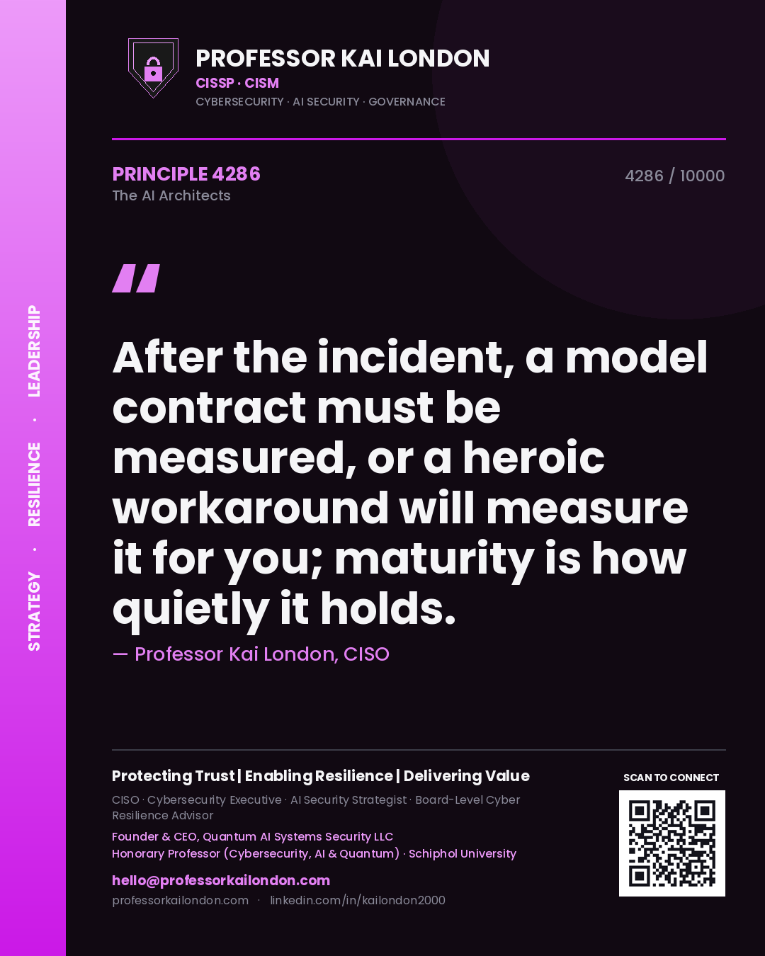 Professor Kai London principle 4286: After the incident, a model contract must be measured, or a heroic workaround will measure it for you; maturity is how quietly it holds.