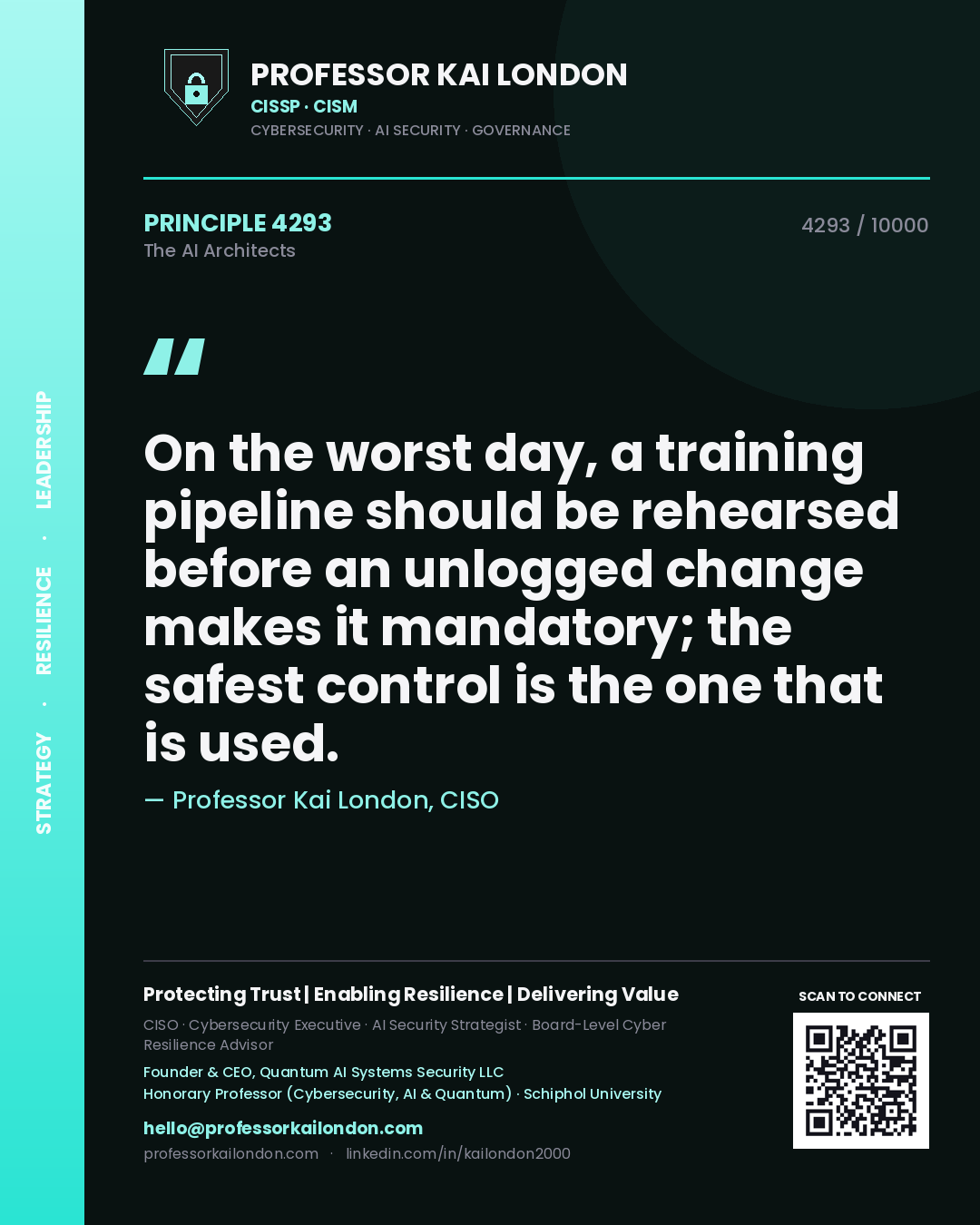 Quote card by Professor Kai London reading 'On the worst day, a training pipeline should be rehearsed before an unlogged change makes it mandatory; the safest control is the one that is used.'. From the book The AI Architects.