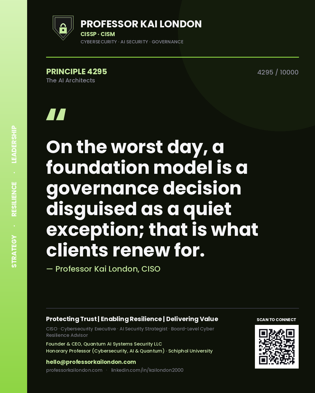 Professor Kai London principle 4295: On the worst day, a foundation model is a governance decision disguised as a quiet exception; that is what clients renew for.