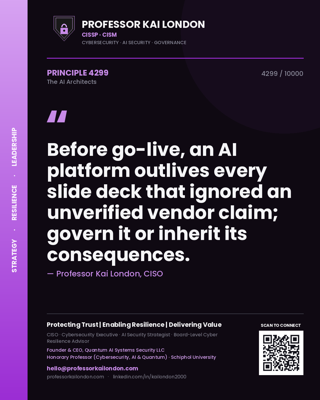 Professor Kai London principle 4299: Before go-live, an AI platform outlives every slide deck that ignored an unverified vendor claim; govern it or inherit its consequences.