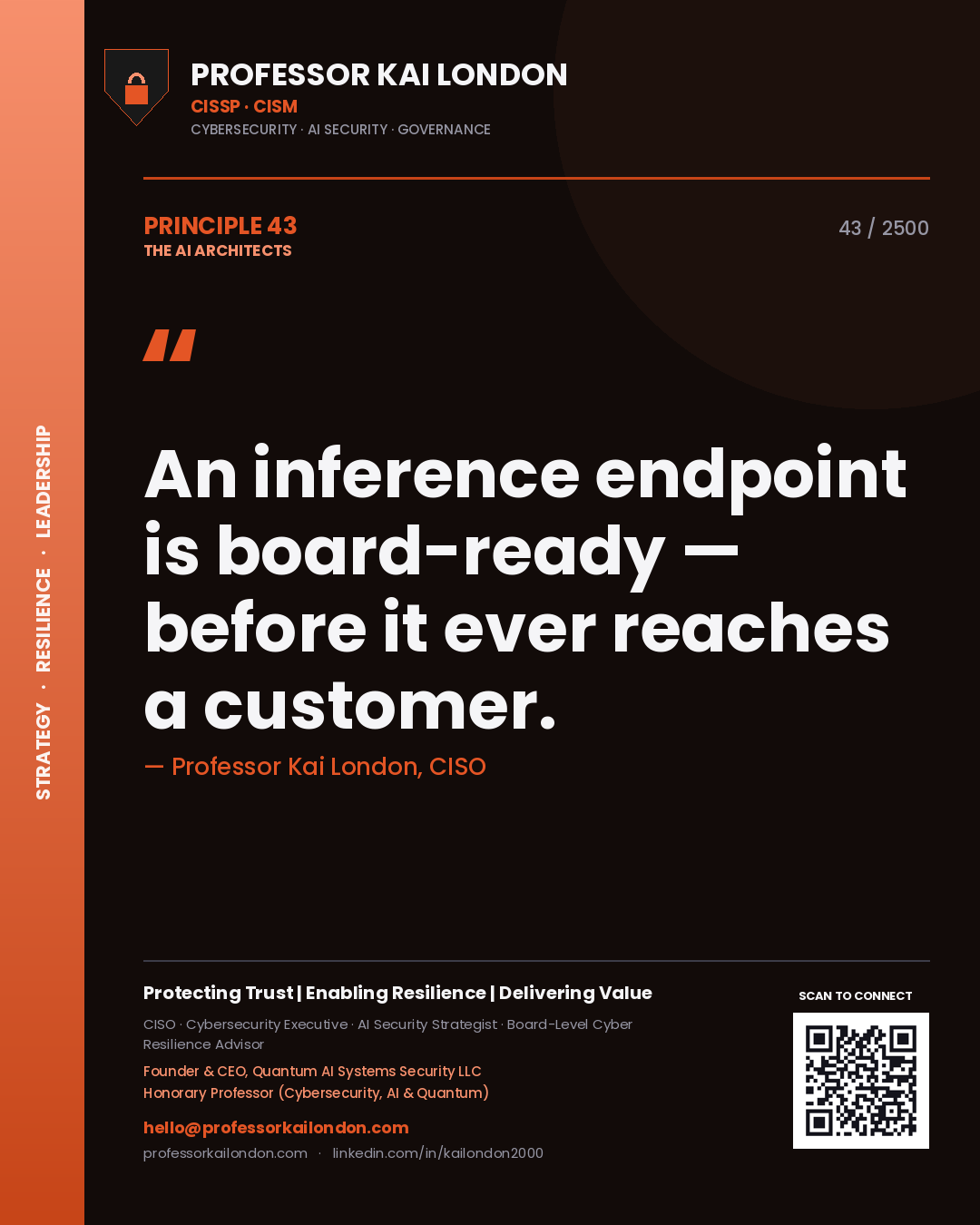 Quote card by Professor Kai London reading 'An inference endpoint is board-ready — before it ever reaches a customer.'. From the book The AI Architects.