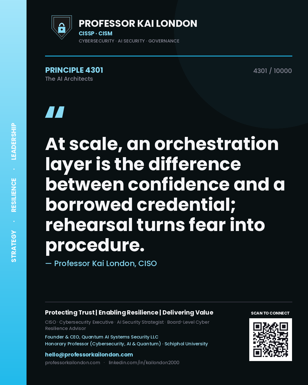 Quote card by Professor Kai London reading 'At scale, an orchestration layer is the difference between confidence and a borrowed credential; rehearsal turns fear into procedure.'. From the book The AI Architects.