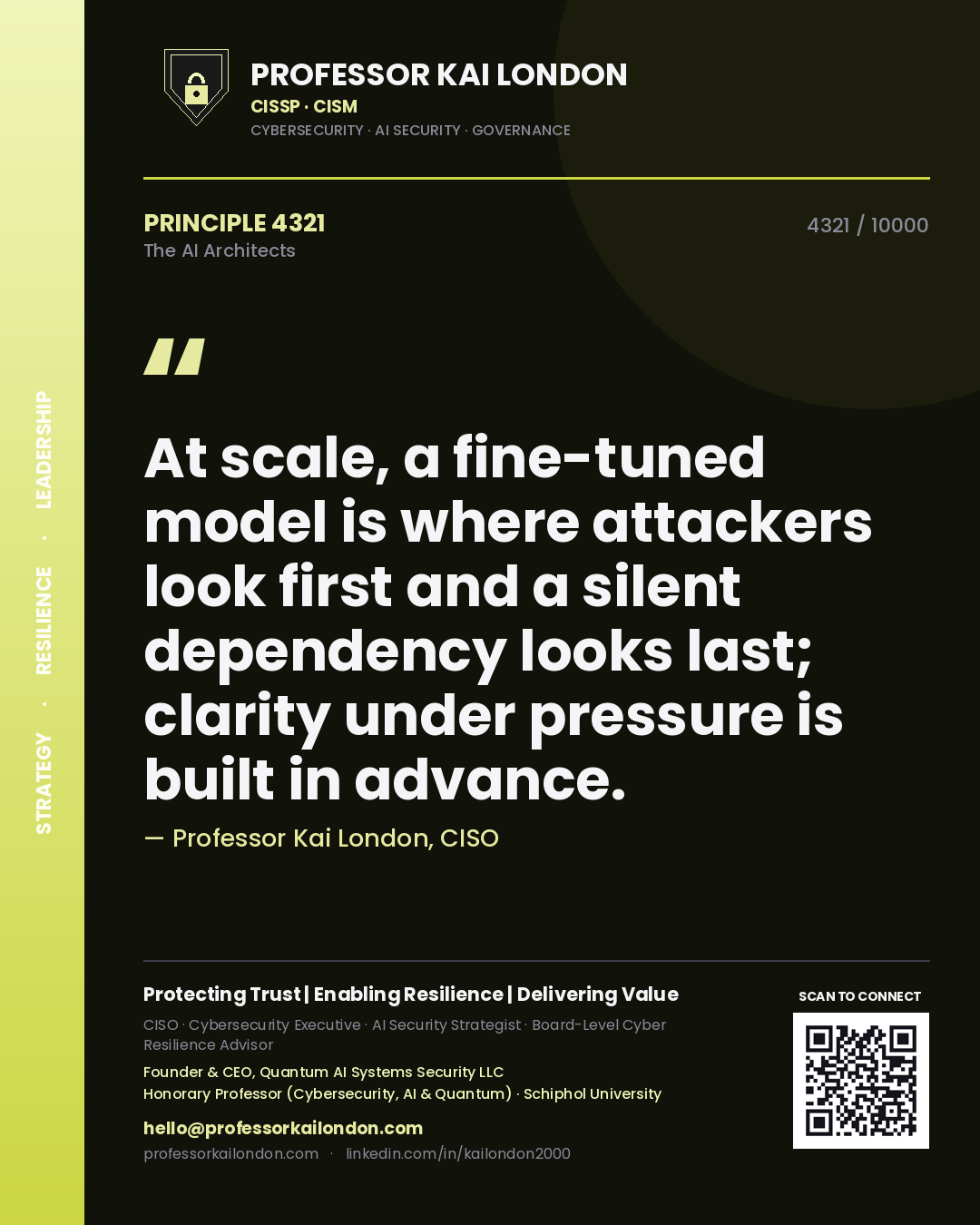 Quote card by Professor Kai London reading 'At scale, a fine-tuned model is where attackers look first and a silent dependency looks last; clarity under pressure is built in advance.'. From the book The AI Architects.