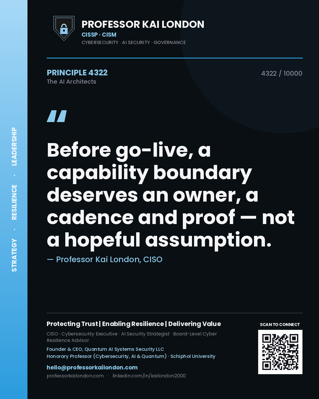 Quote card by Professor Kai London reading 'Before go-live, a capability boundary deserves an owner, a cadence and proof — not a hopeful assumption.'. From the book The AI Architects.