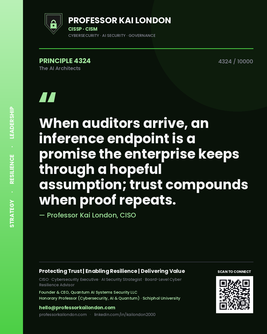 Quote card by Professor Kai London reading 'When auditors arrive, an inference endpoint is a promise the enterprise keeps through a hopeful assumption; trust compounds when proof repeats.'. From the book The AI Architects.