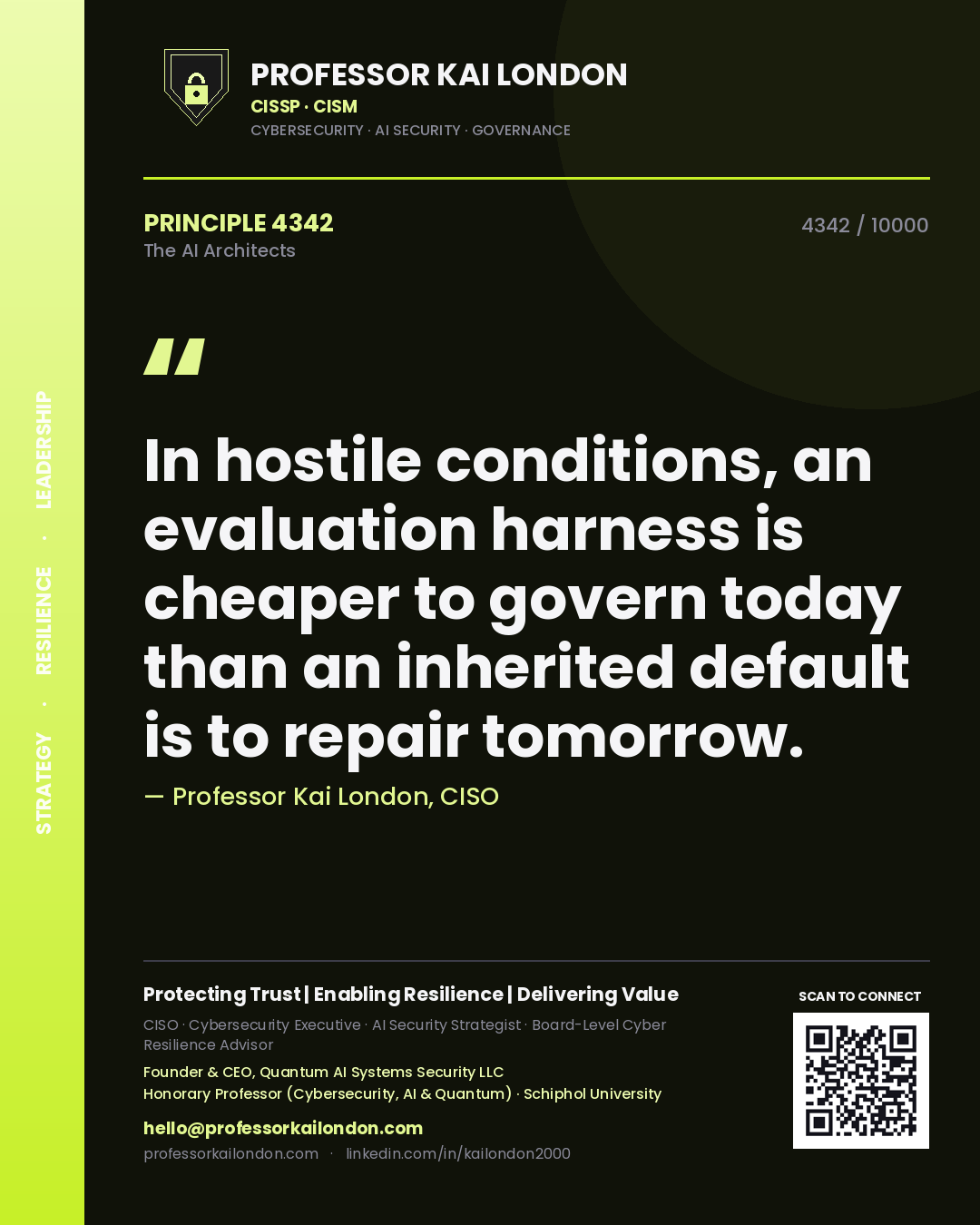 Quote card by Professor Kai London reading 'In hostile conditions, an evaluation harness is cheaper to govern today than an inherited default is to repair tomorrow.'. From the book The AI Architects.
