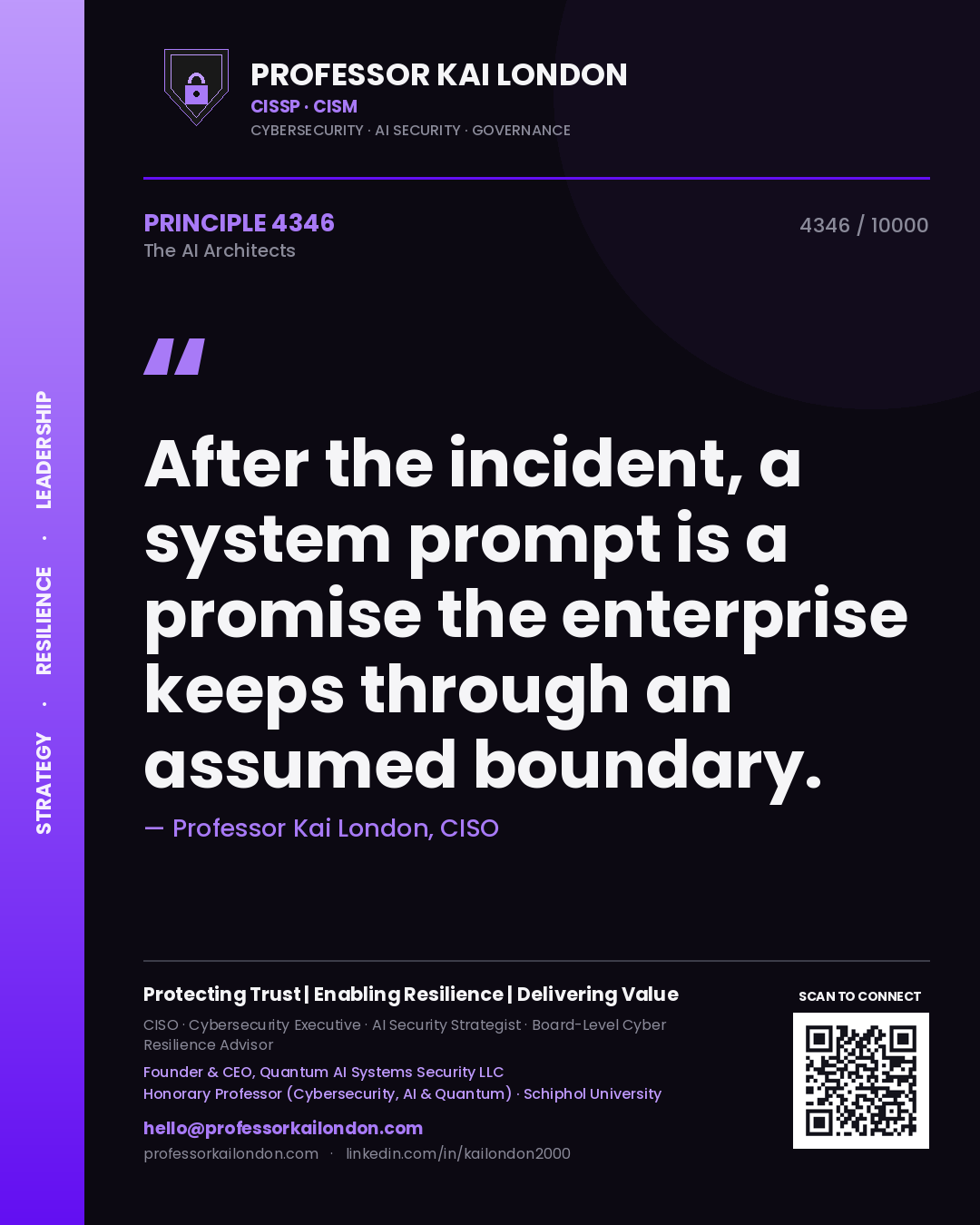 Quote card by Professor Kai London reading 'After the incident, a system prompt is a promise the enterprise keeps through an assumed boundary.'. From the book The AI Architects.