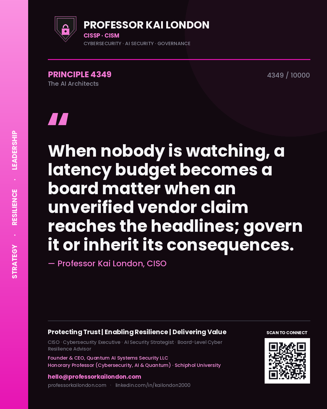 Quote card by Professor Kai London reading 'When nobody is watching, a latency budget becomes a board matter when an unverified vendor claim reaches the headlines; govern it or inherit its consequences.'. From the book The AI Architects.