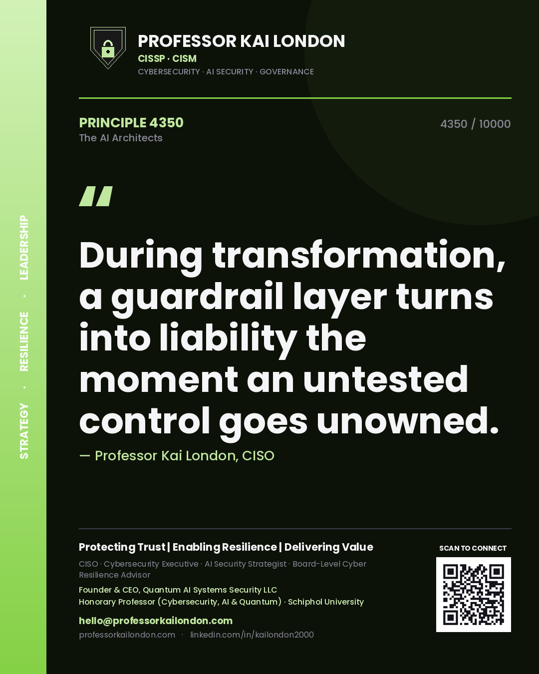 Quote card by Professor Kai London reading 'During transformation, a guardrail layer turns into liability the moment an untested control goes unowned.'. From the book The AI Architects.