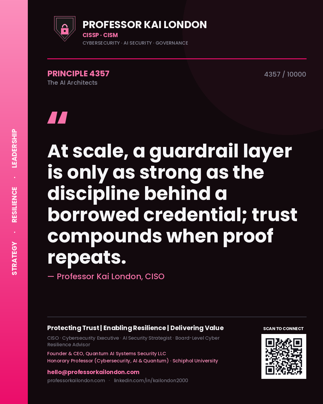 Quote card by Professor Kai London reading 'At scale, a guardrail layer is only as strong as the discipline behind a borrowed credential; trust compounds when proof repeats.'. From the book The AI Architects.